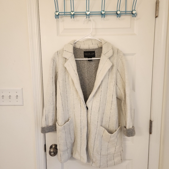 Rachel Zoe Oversized Wool Striped Ivory Snap On Blazer Coat Pockets Size M #R447 - Picture 1 of 5